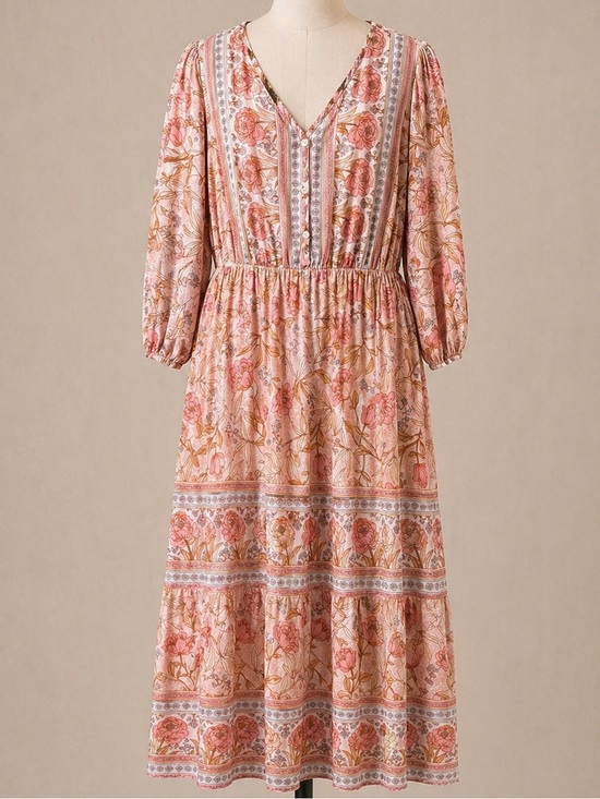 Dresses & Skirts - Bohemian Floral Midi Dress in Blush Pink